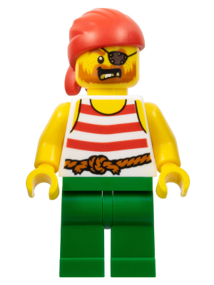 Pirate - Male, Red Bandana, White Shirt with Red Stripes, Green Legs, Eye Patch LEGO pi190