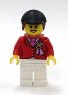 Red Riding Jacket with Award Ribbon, White Legs, Black Riding Helmet LEGO twn194 | Fyrebrick.be